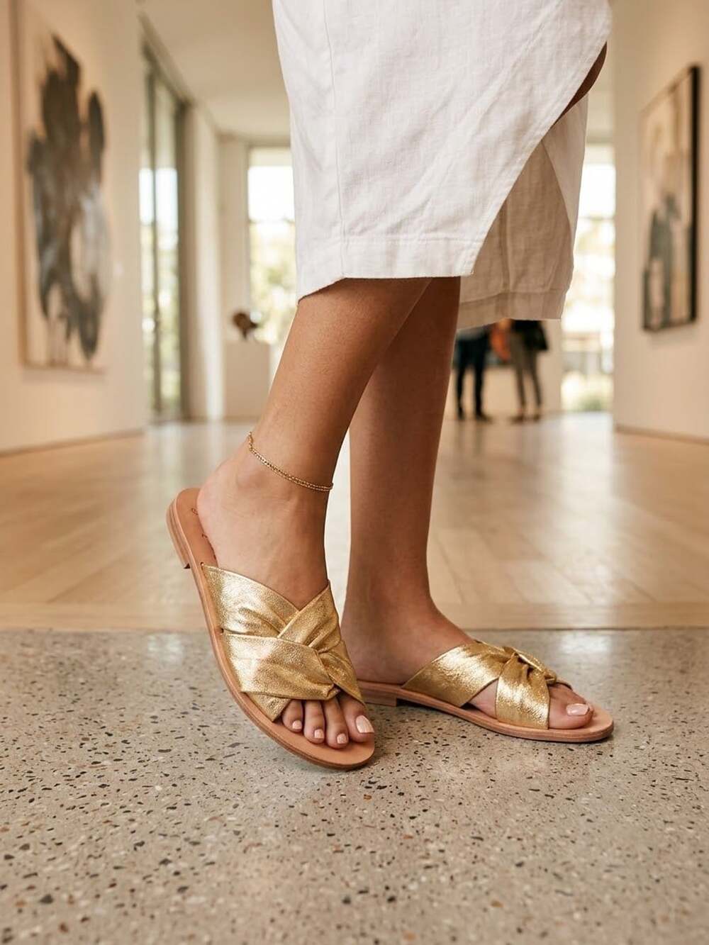 Free People Rio Vista Gold Metallic Leather Slide Sandals Size 38